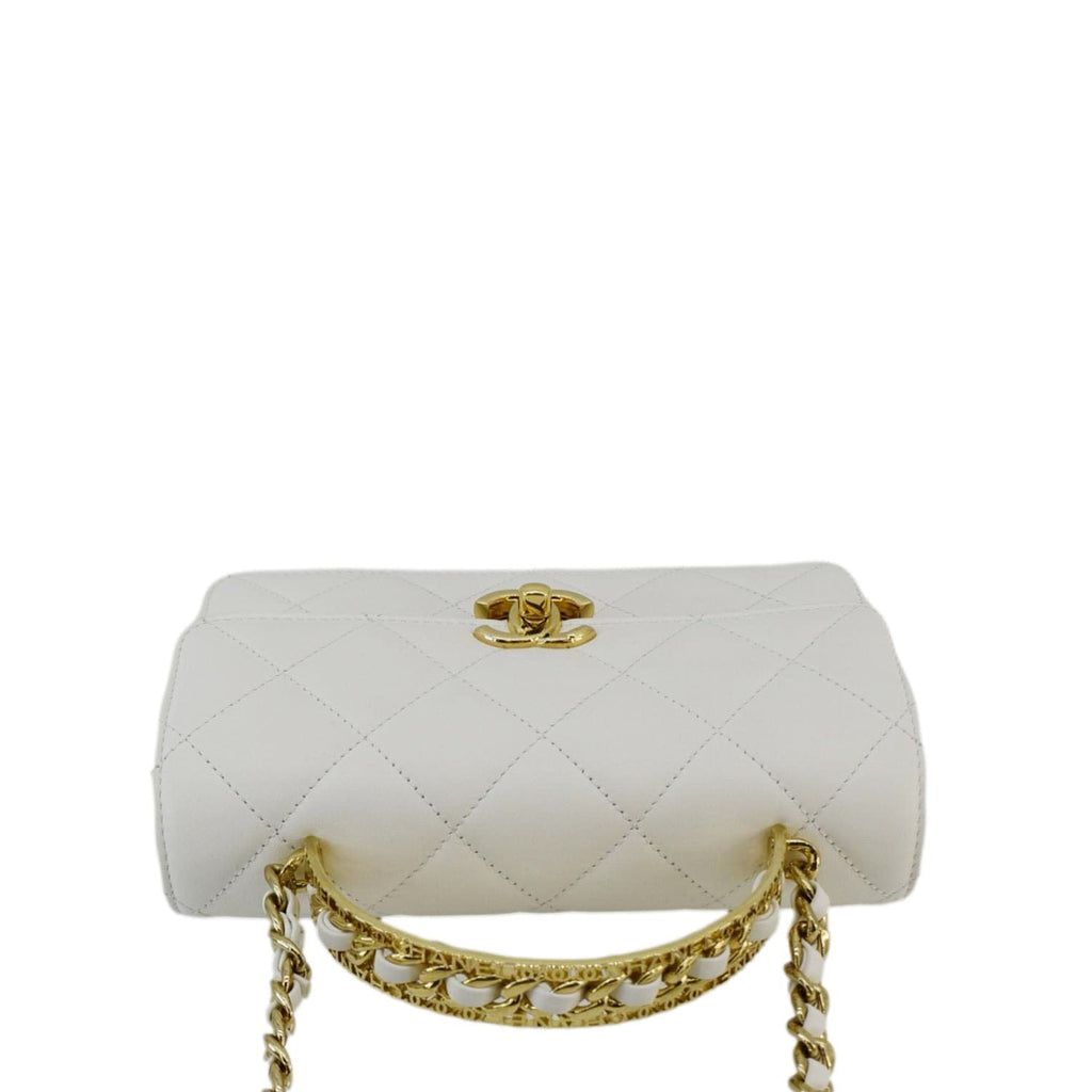 Chanel Top Handle Flap Quilted Leather Shoulder Bag White