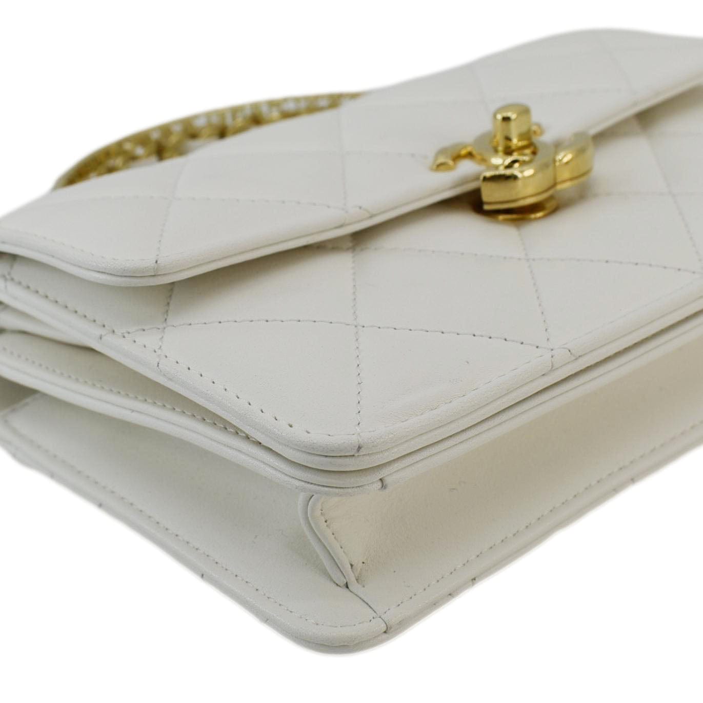 Chanel Top Handle Flap Quilted Leather Shoulder Bag White