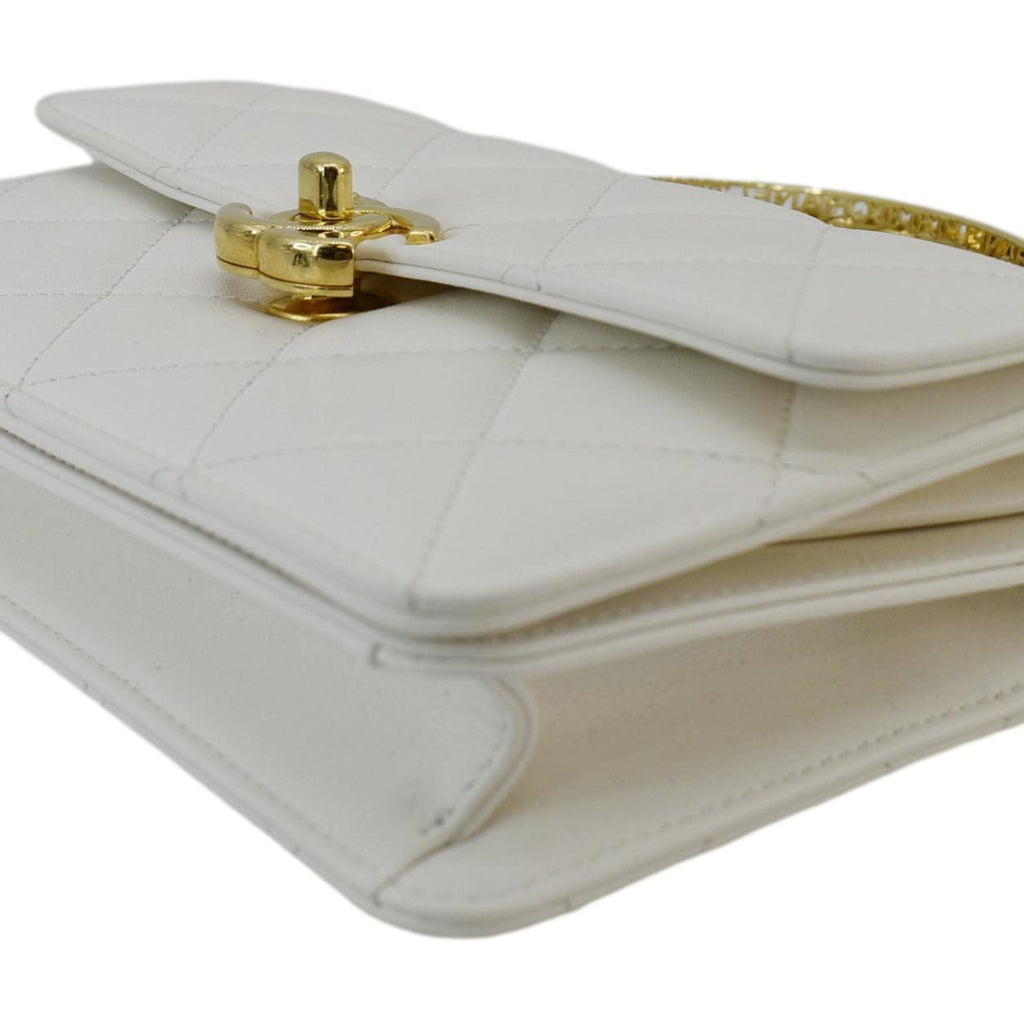Chanel Top Handle Flap Quilted Leather Shoulder Bag White