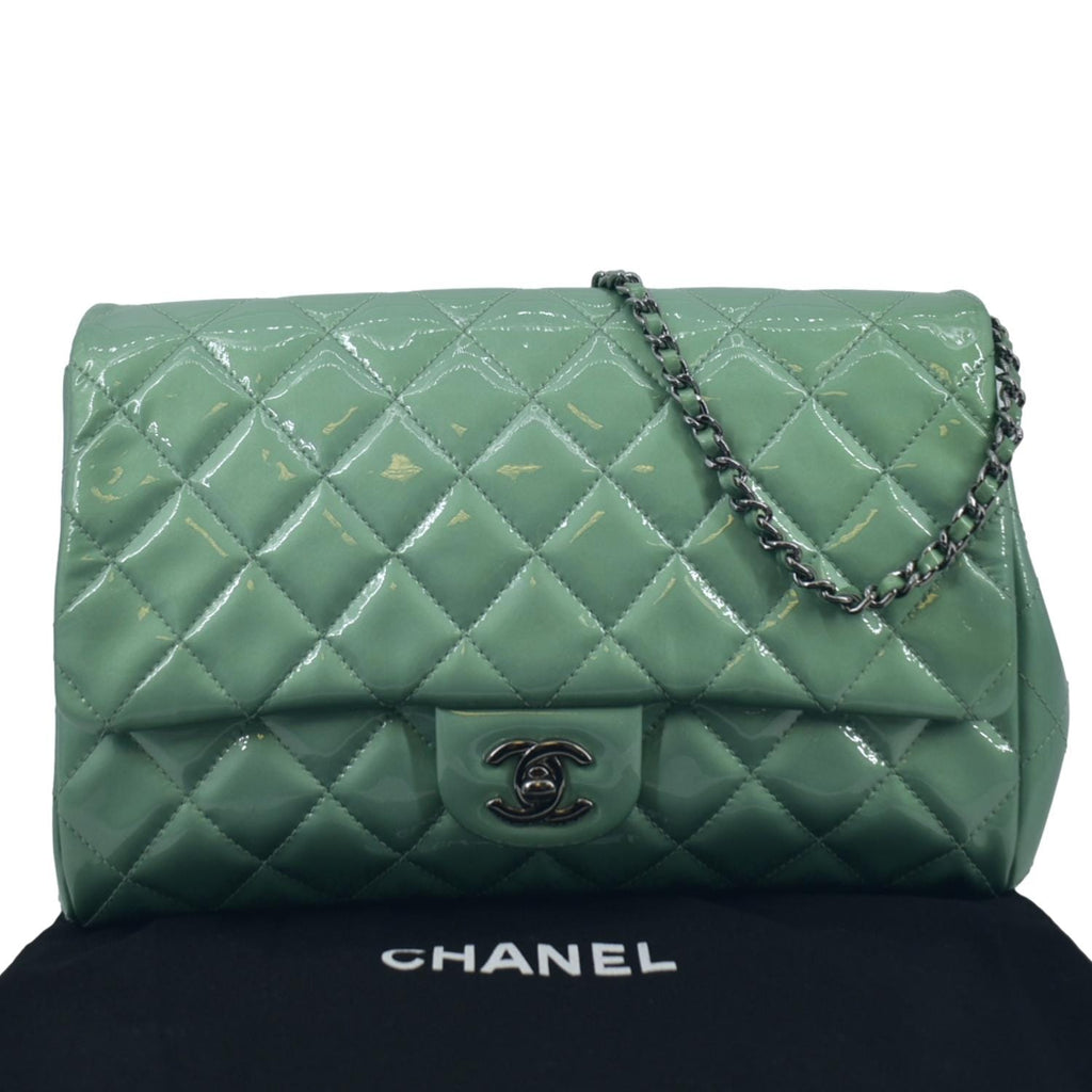 Chanel Flap Quilted Patent Leather Shoulder Bag Green