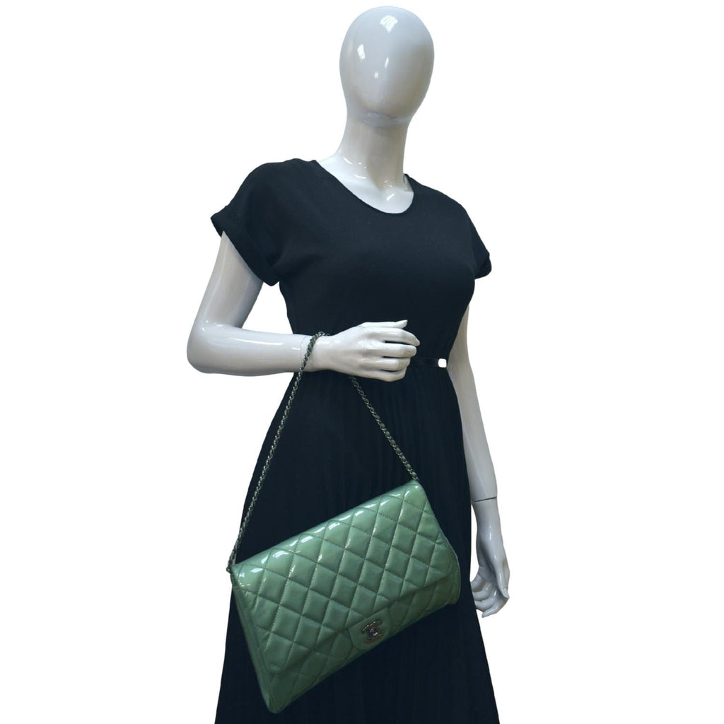Chanel Flap Quilted Patent Leather Shoulder Bag Green