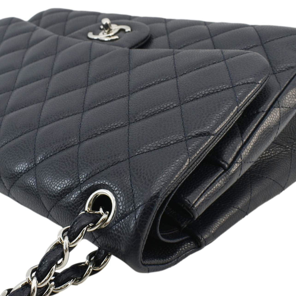 Chanel Classic Jumbo Double Flap Quilted Caviar Leather Shoulder Bag Navy Blue