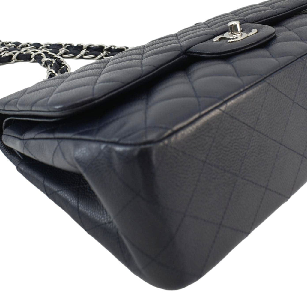 Chanel Classic Jumbo Double Flap Quilted Caviar Leather Shoulder Bag Navy Blue