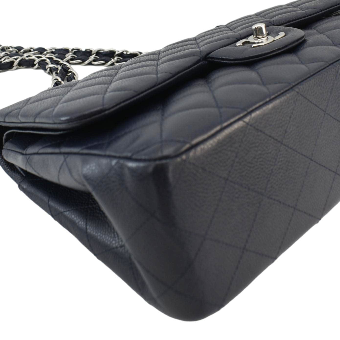 Chanel Classic Jumbo Double Flap Quilted Caviar Leather Shoulder Bag Navy Blue