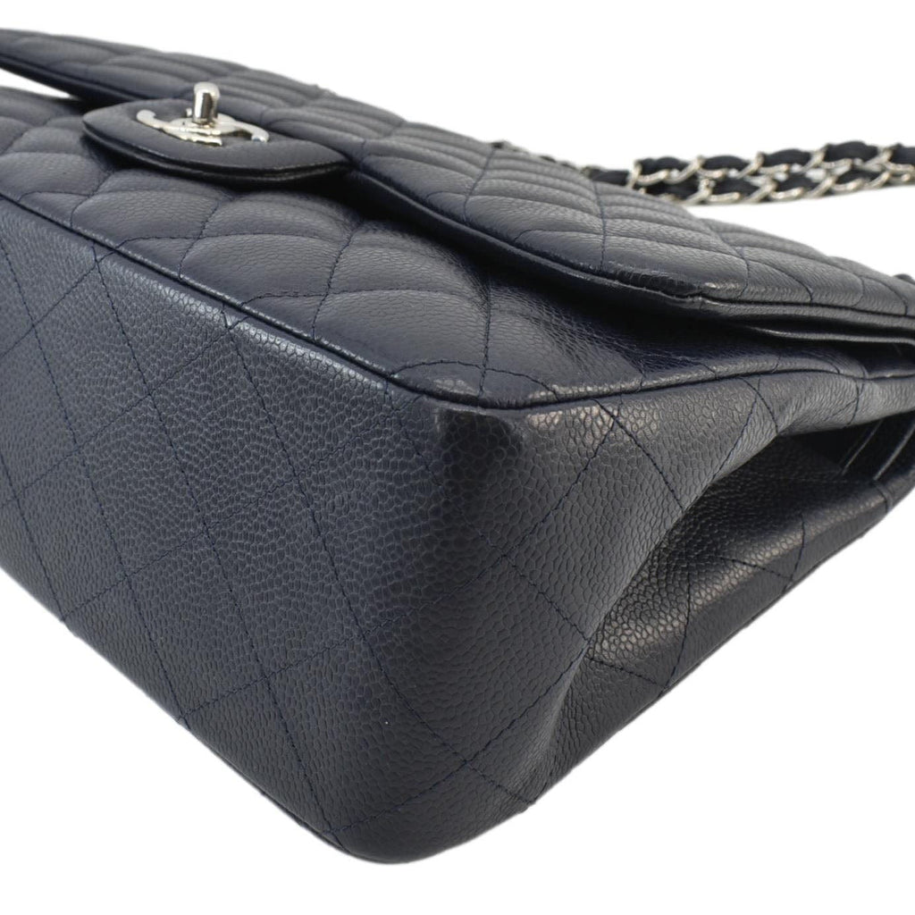 Chanel Classic Jumbo Double Flap Quilted Caviar Leather Shoulder Bag Navy Blue