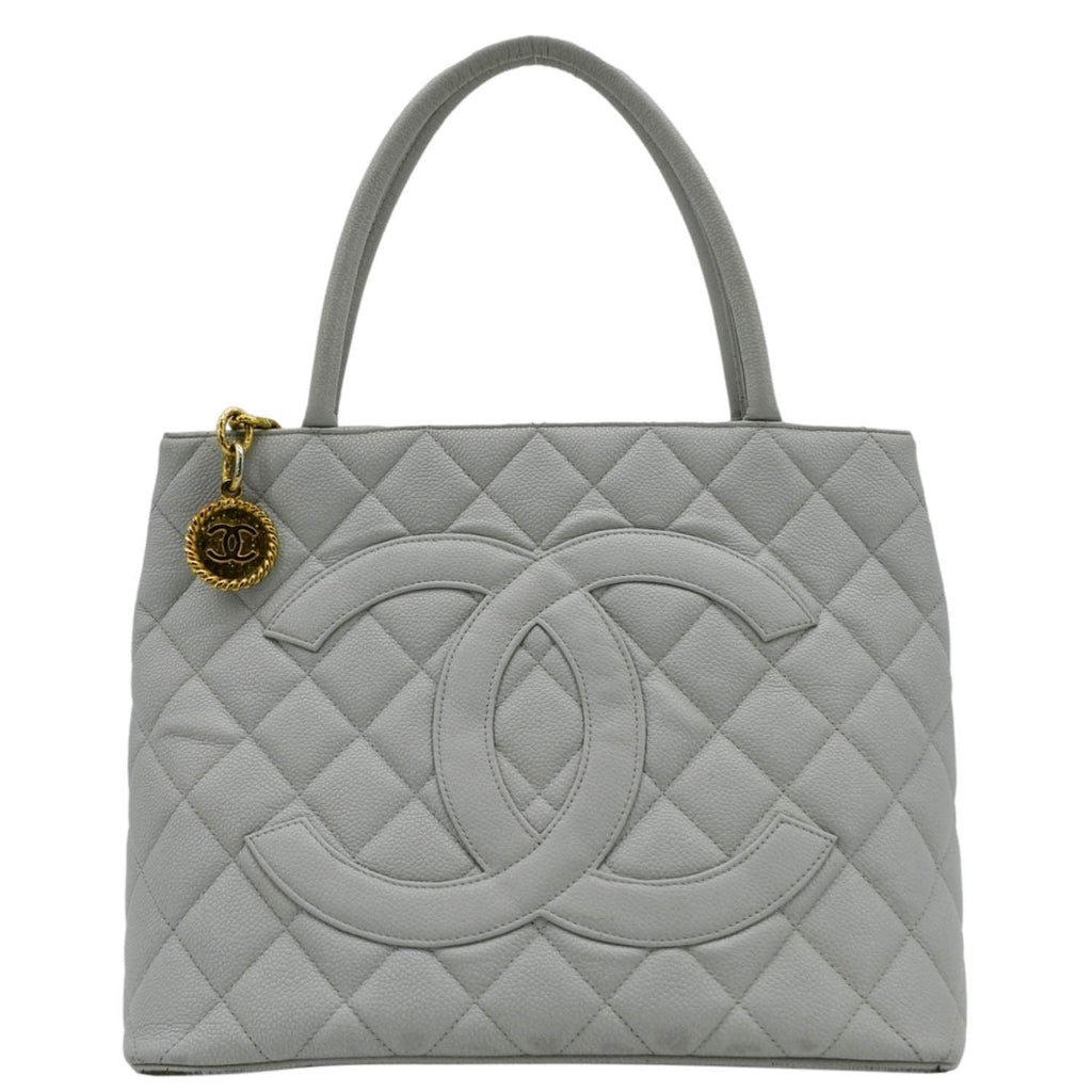 Chanel Medallion Quilted Caviar Leather Tote Bag Light Blue