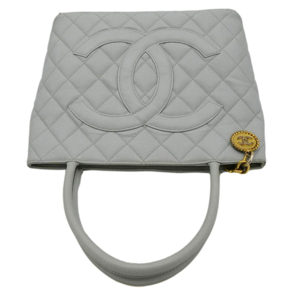 Chanel Medallion Quilted Caviar Leather Tote Bag Light Blue