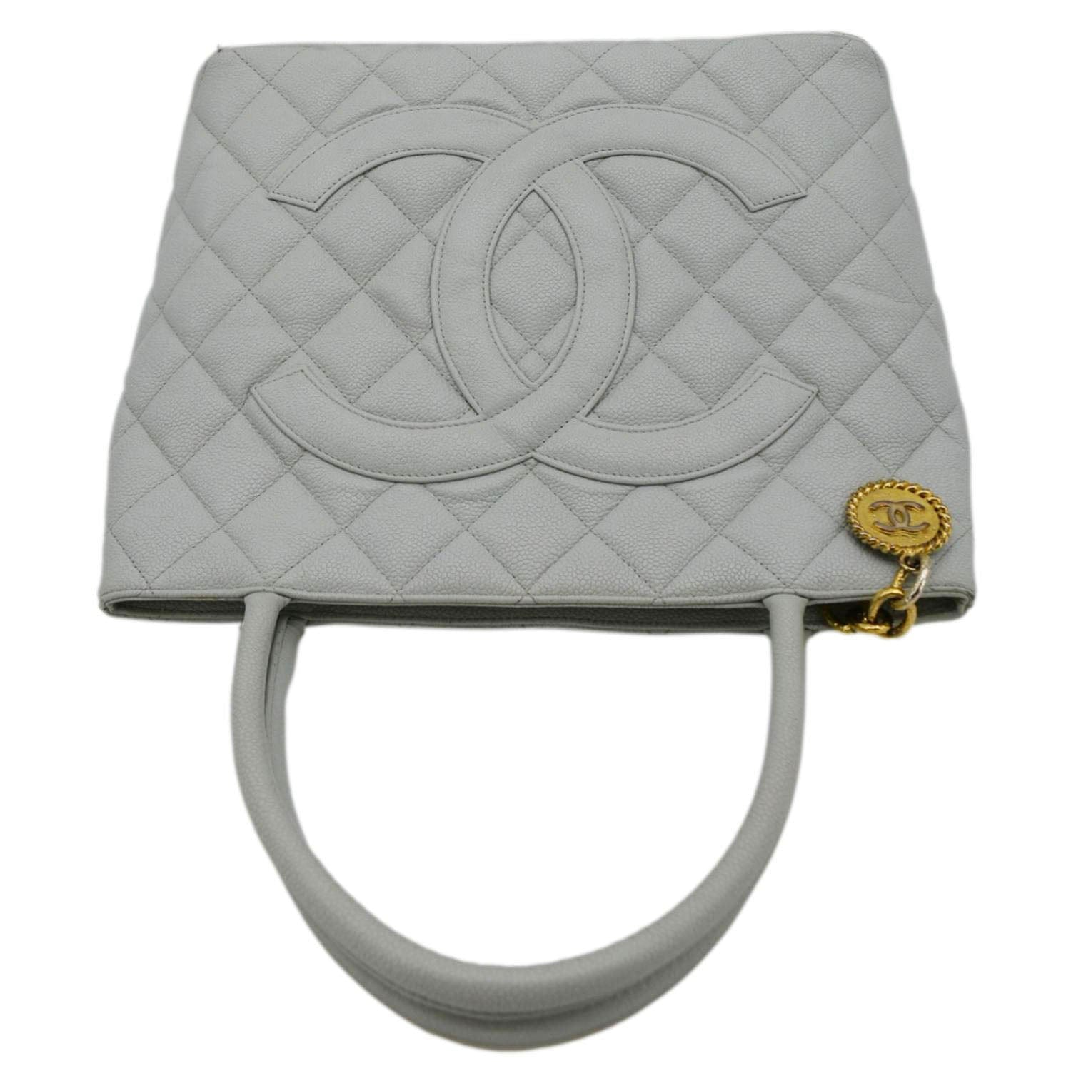 Chanel Medallion Quilted Caviar Leather Tote Bag Light Blue