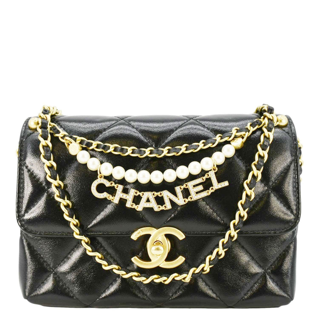 Chanel CC Pearl Quilted Leather Chain Crossbody Bag Black