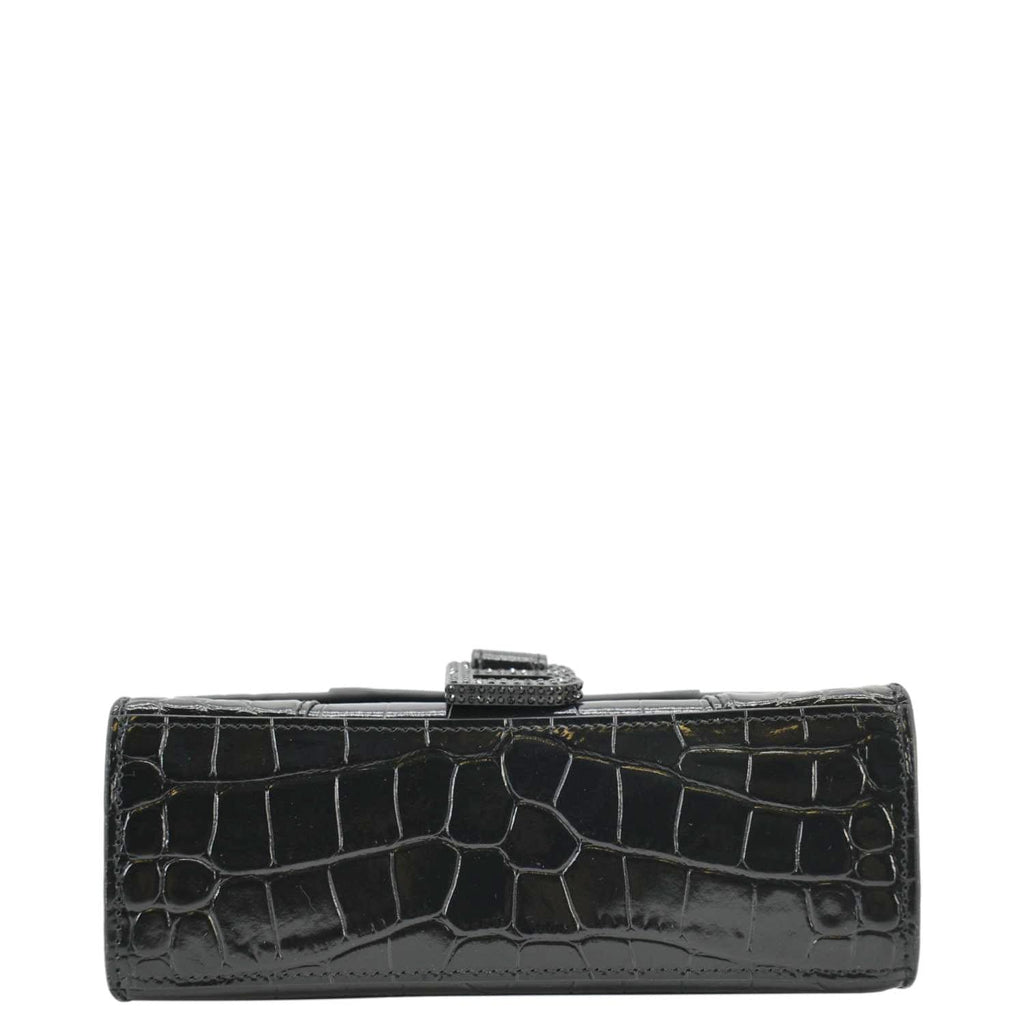 BALENCIAGA Small Hourglass Crocodile Embossed Top Handle Shoulder Bag Black