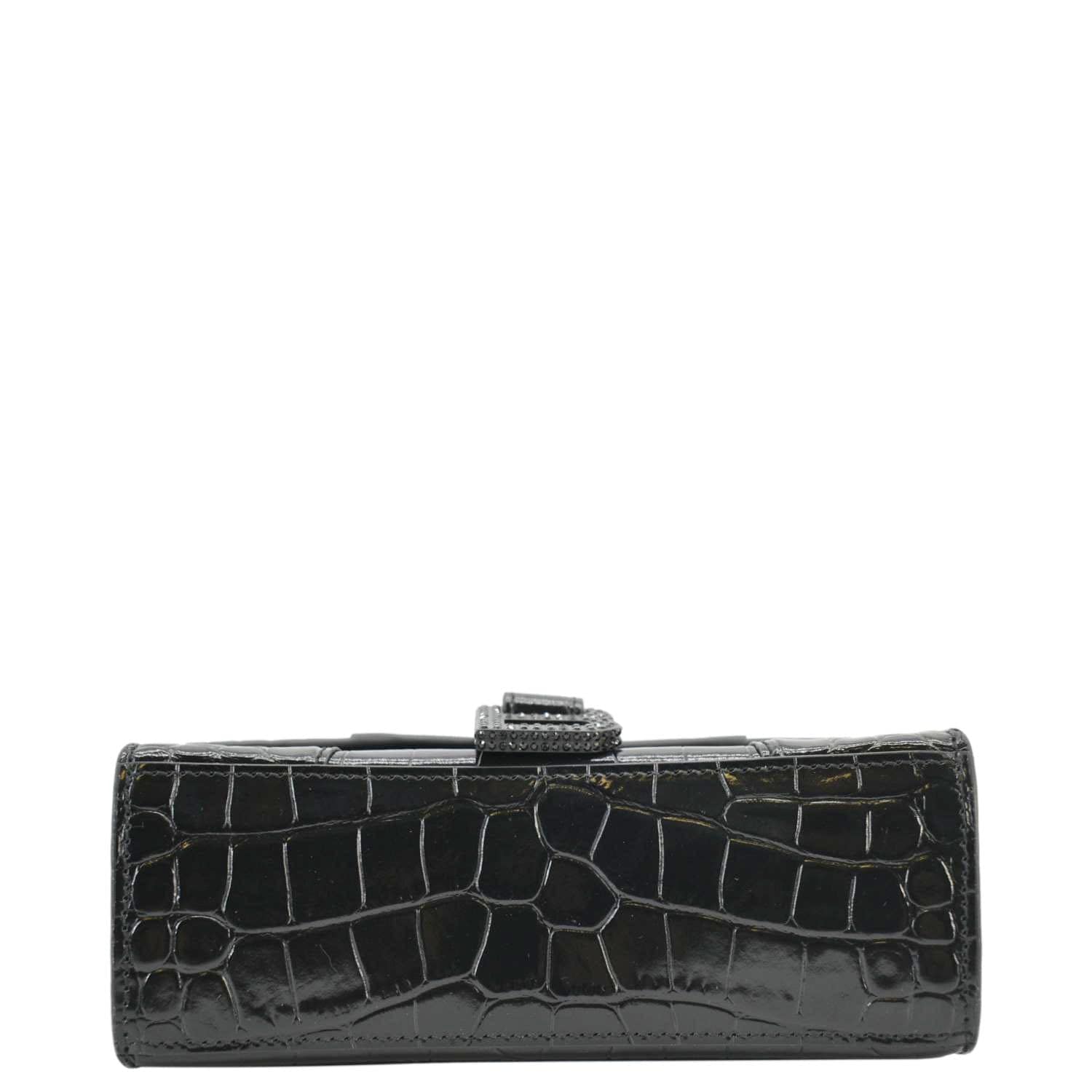 BALENCIAGA Small Hourglass Crocodile Embossed Top Handle Shoulder Bag Black