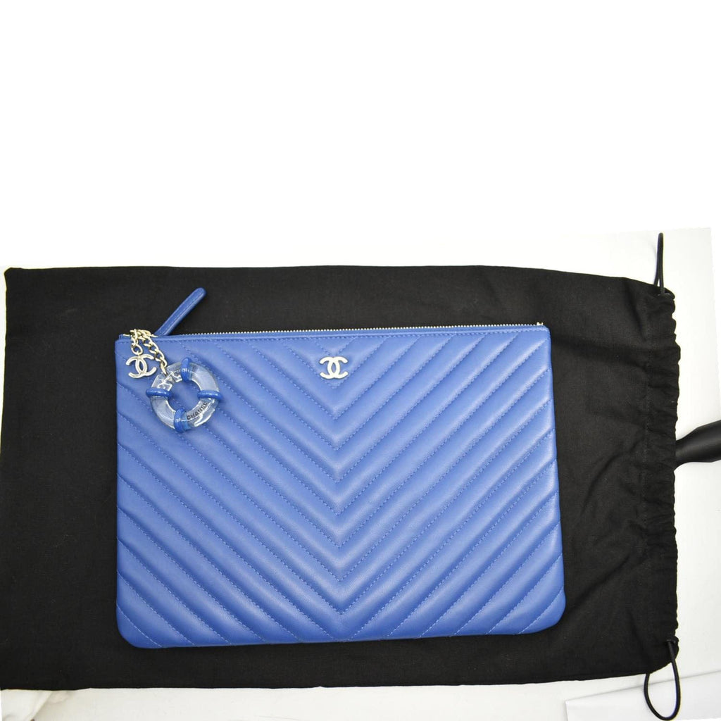 Chanel O Case Chevron Leather Clutch Bag Blue