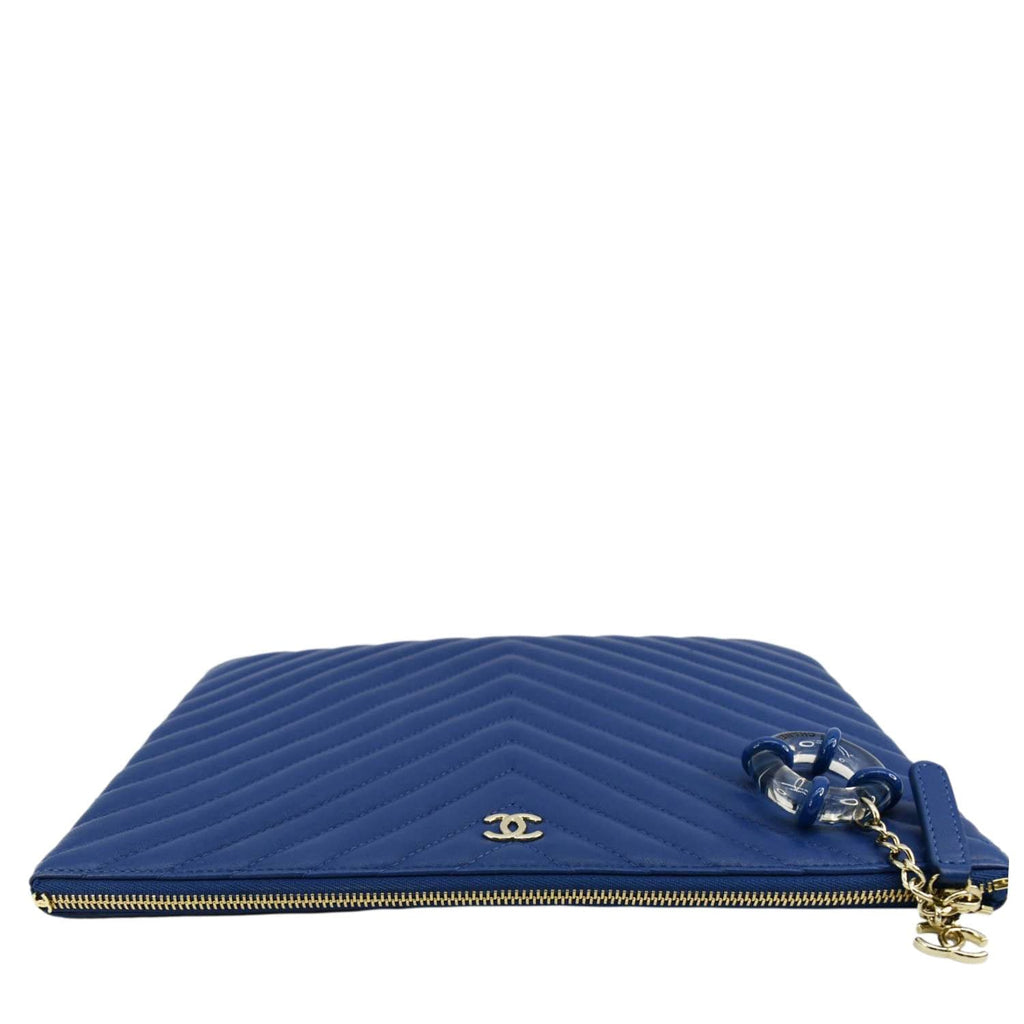 Chanel O Case Chevron Leather Clutch Bag Blue