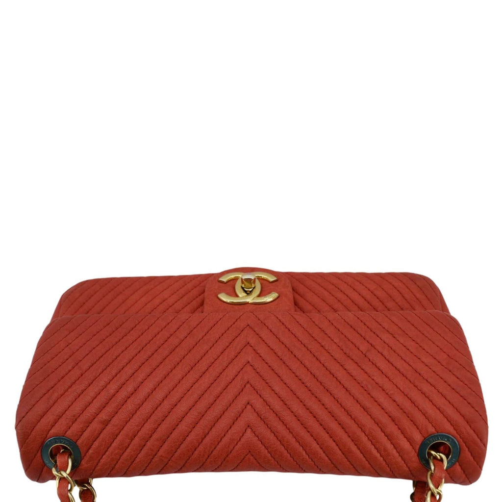 Chanel Medallion Charm Flap Medium Wrinkled Chevron Leather Crossbody Bag Red