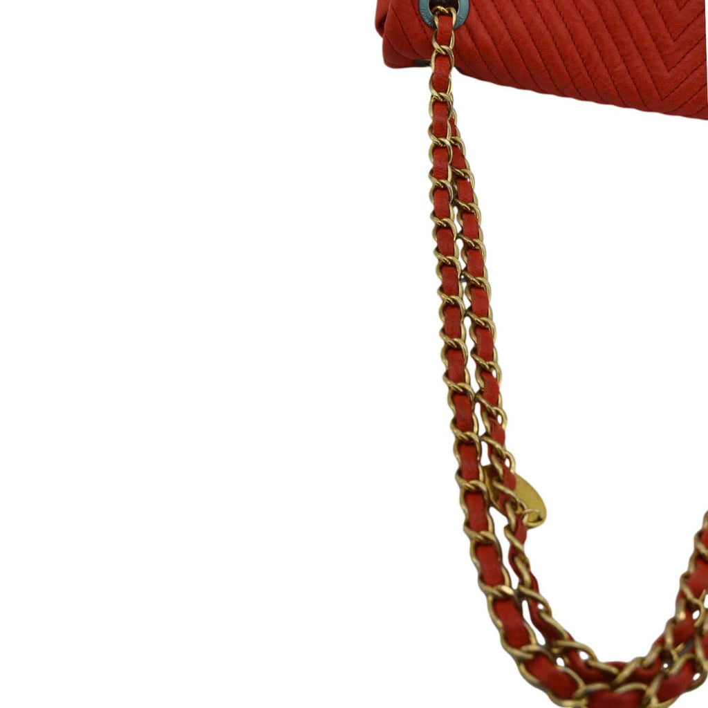 Chanel Medallion Charm Flap Medium Wrinkled Chevron Leather Crossbody Bag Red