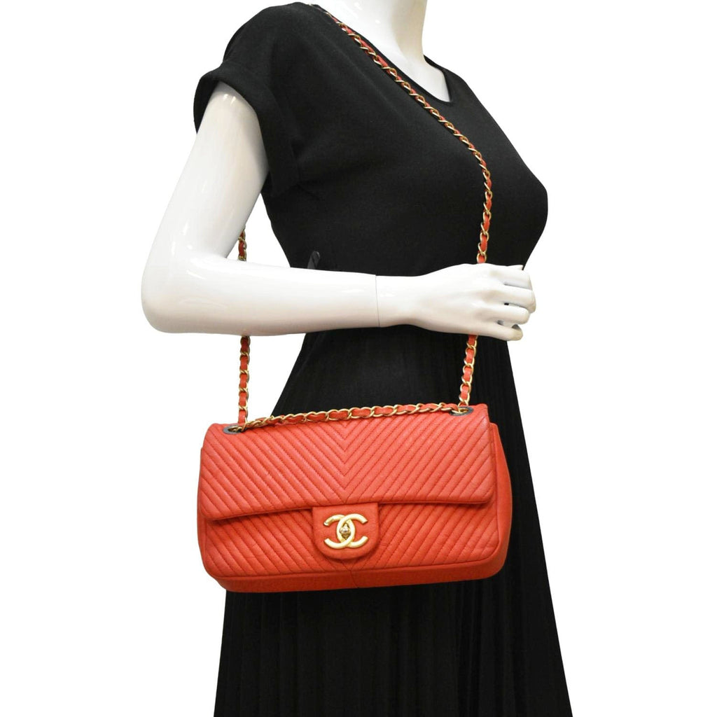 Chanel Medallion Charm Flap Medium Wrinkled Chevron Leather Crossbody Bag Red