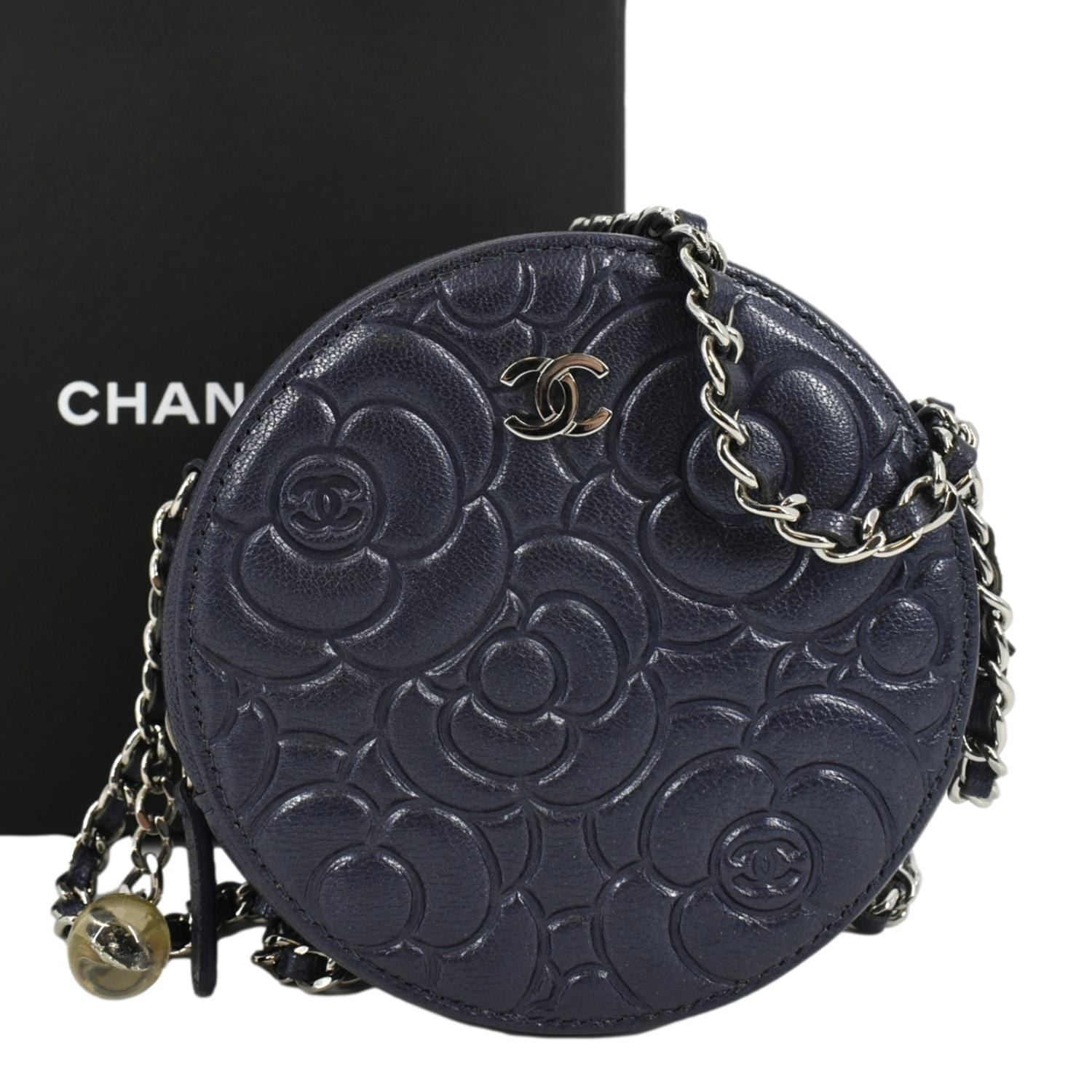 Chanel Camellia Round Goatskin Leather Crossbody Bag Dark Blue