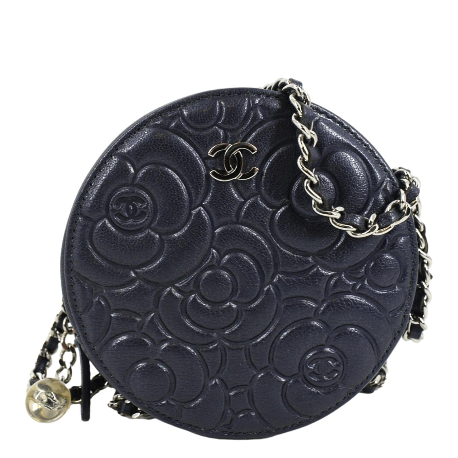 Chanel Camellia Round Goatskin Leather Crossbody Bag Dark Blue