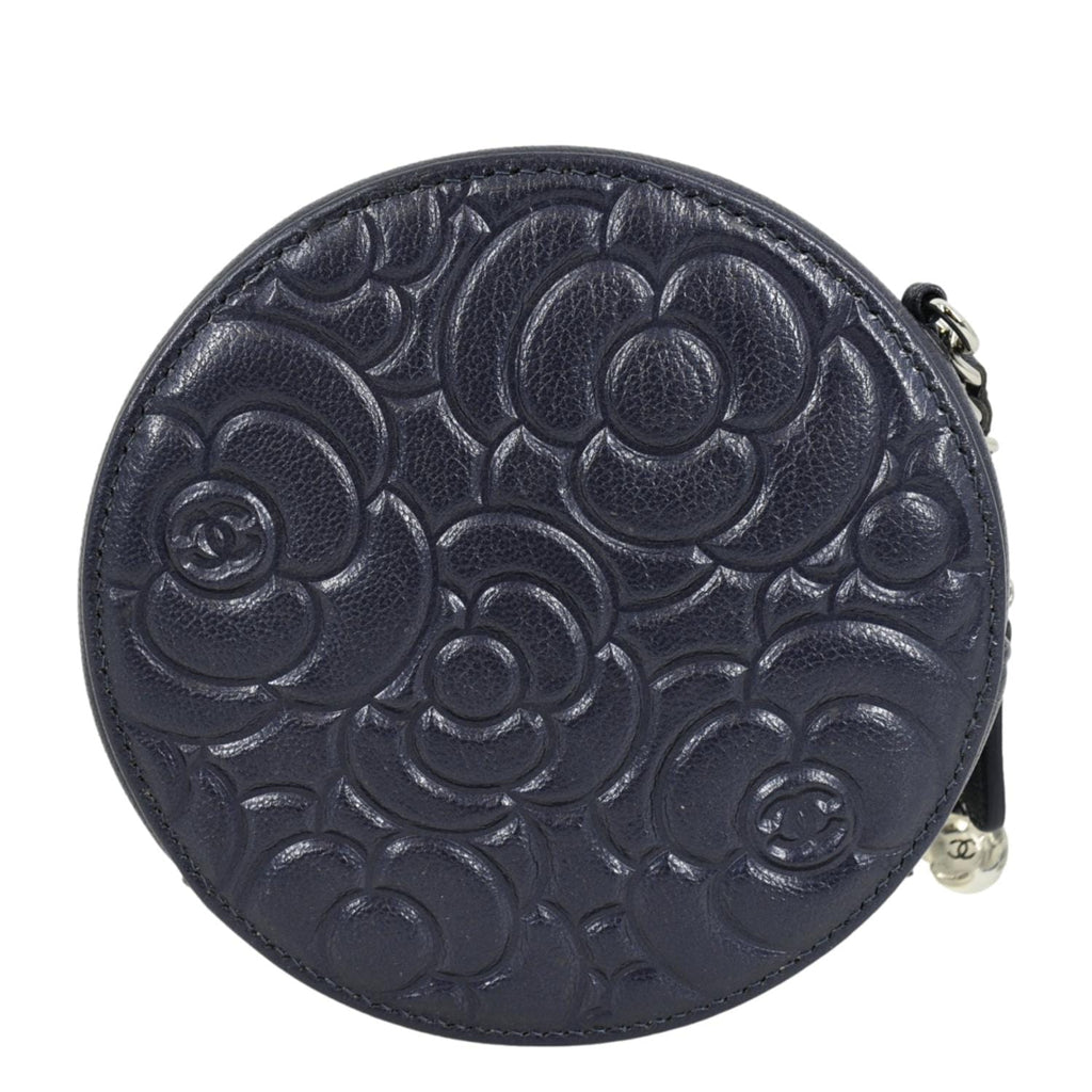 Chanel Camellia Round Goatskin Leather Crossbody Bag Dark Blue