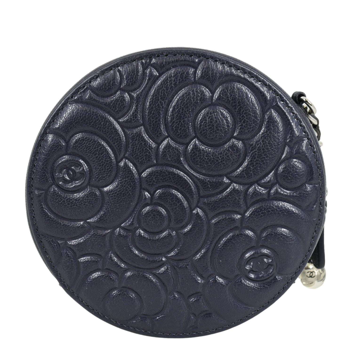 Chanel Camellia Round Goatskin Leather Crossbody Bag Dark Blue