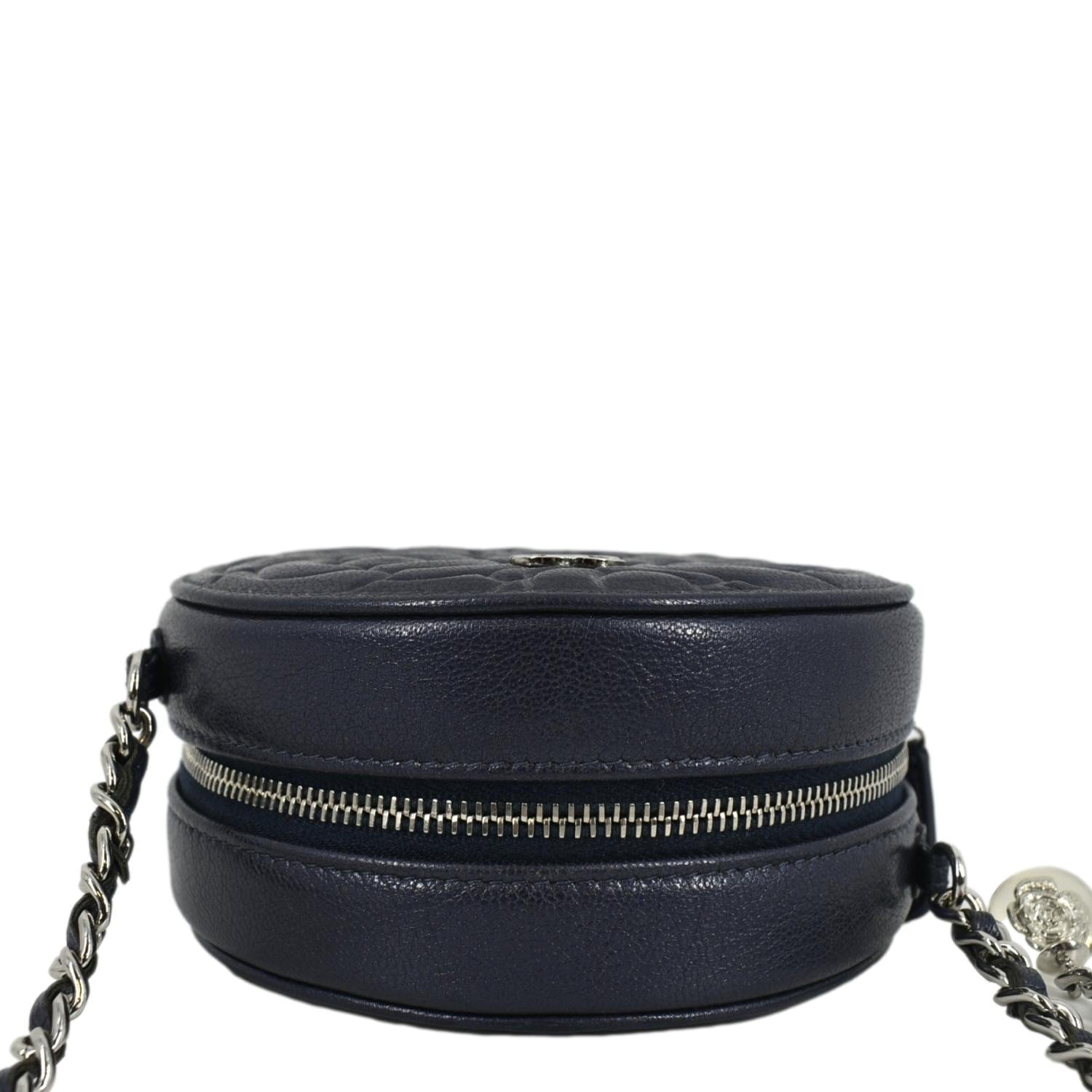 Chanel Camellia Round Goatskin Leather Crossbody Bag Dark Blue