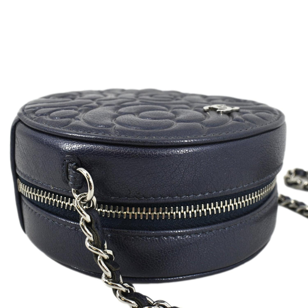 Chanel Camellia Round Goatskin Leather Crossbody Bag Dark Blue