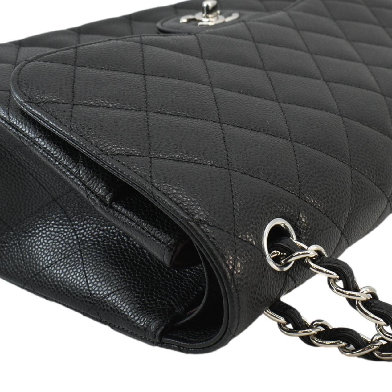 Chanel Classic Jumbo Double Flap Quilted Caviar Leather Shoulder Bag Black