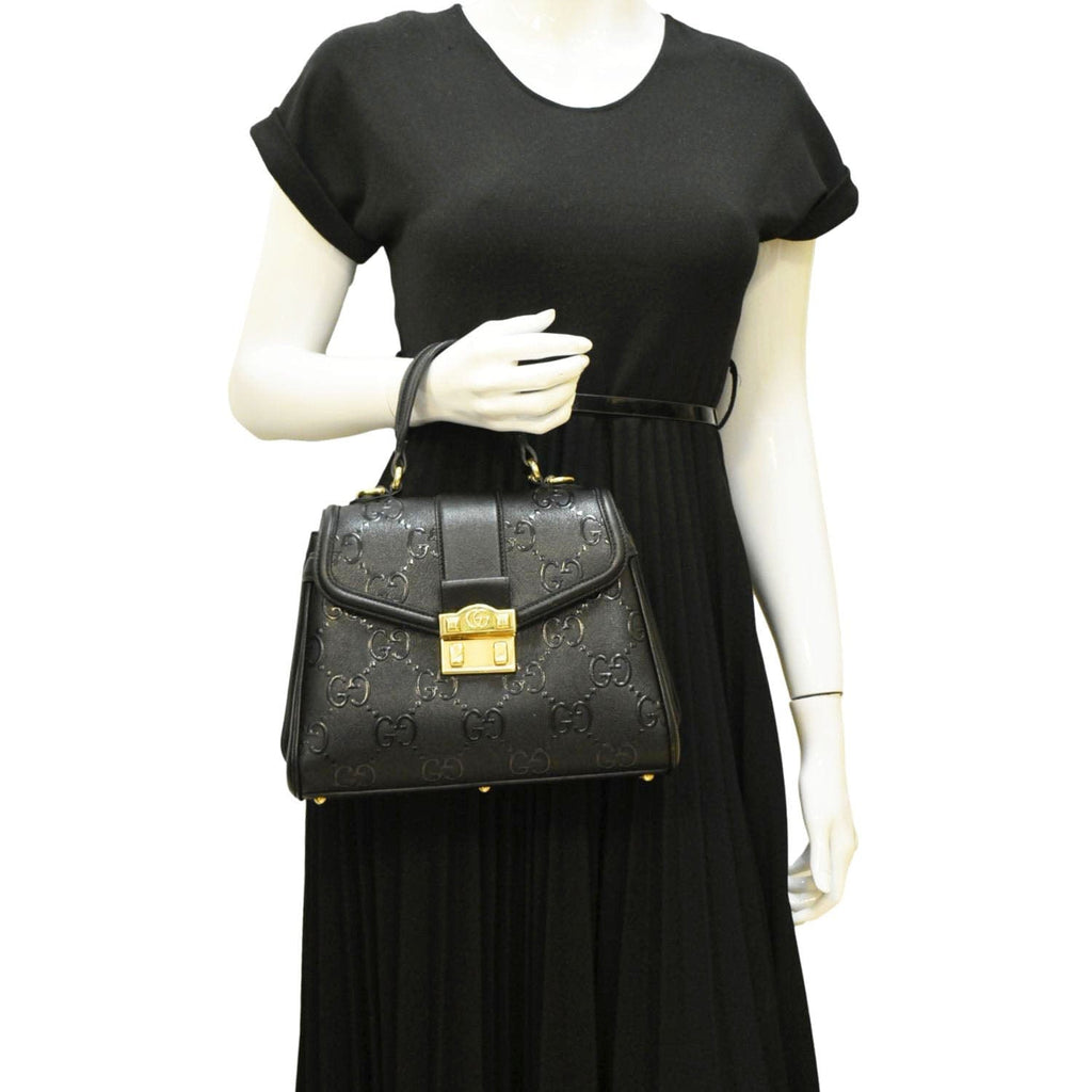 GUCCI Small Gucci Leather Top Handle Shoulder Bag Black 675791
