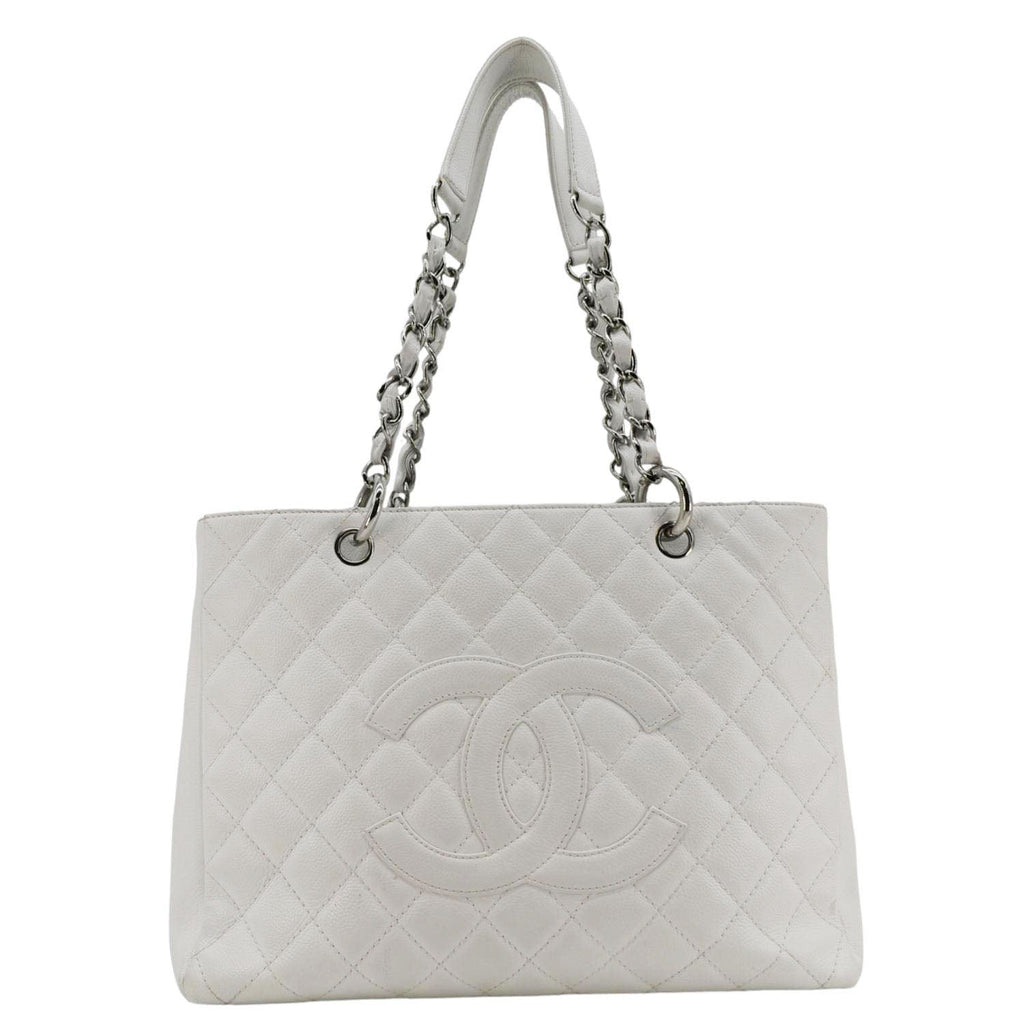 Chanel Grand Shopping Quilted Caviar Leather GST Tote Bag White