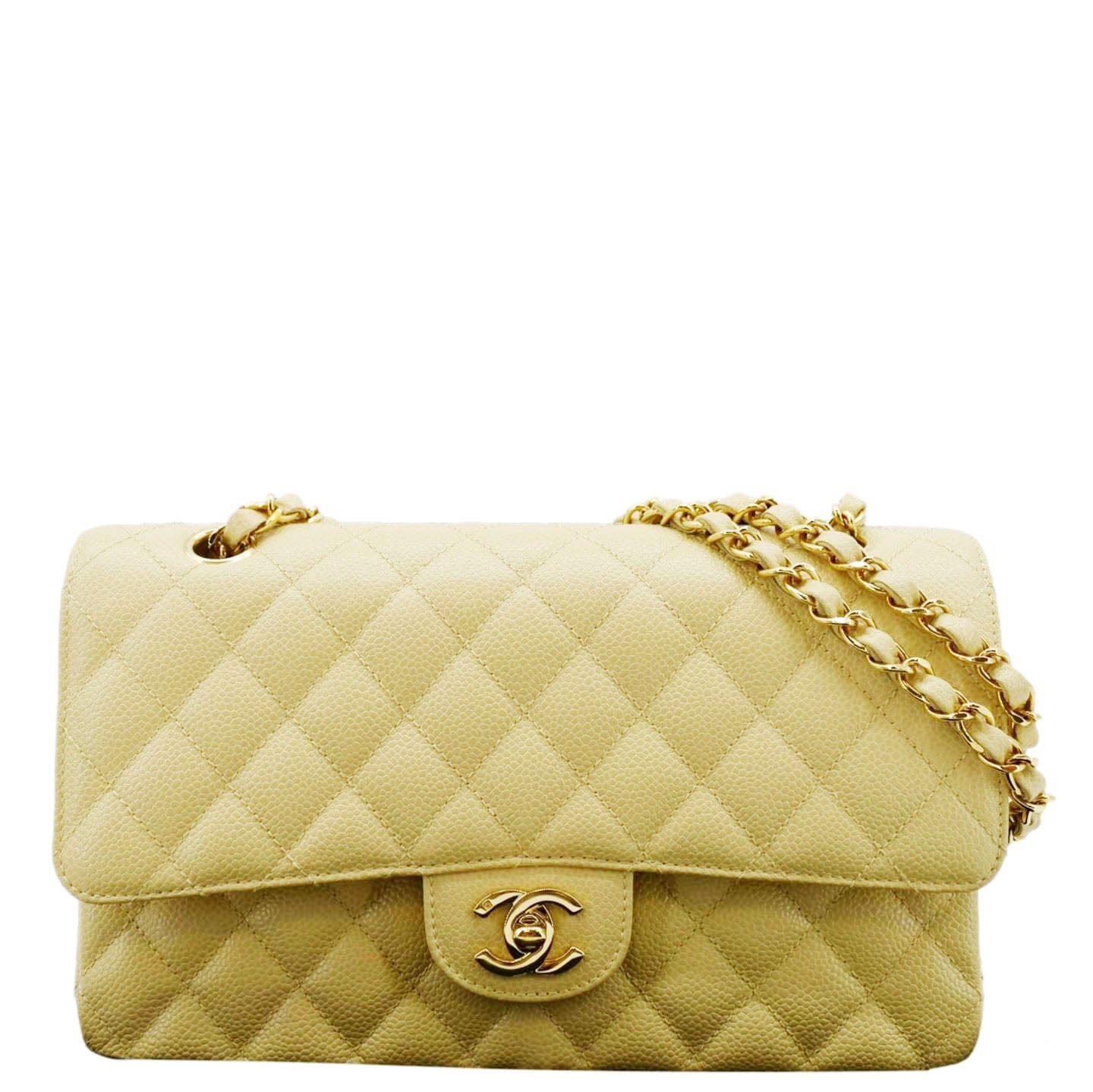 Chanel Classic Double Flap Quilted Caviar Leather Shoulder Bag Cream