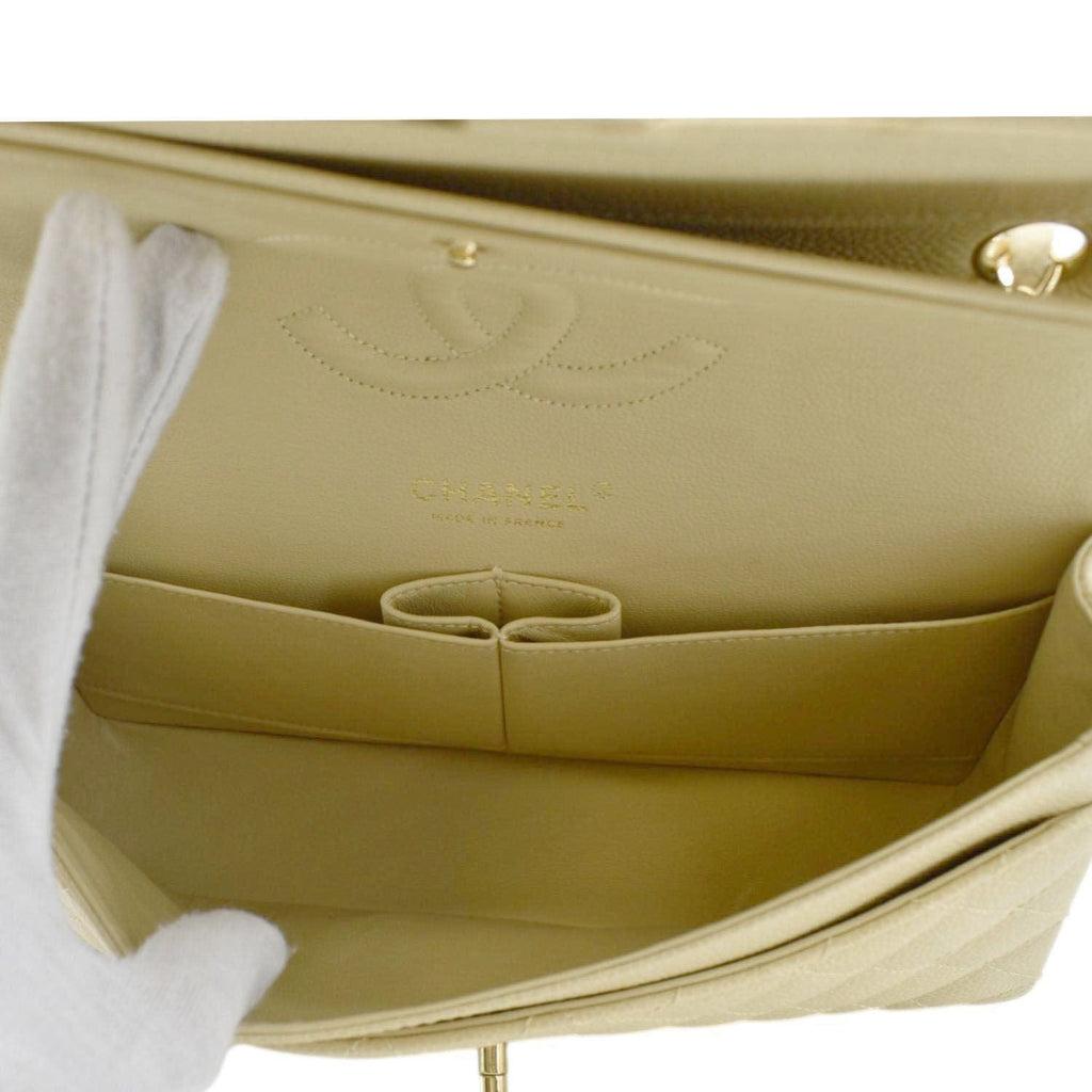 Chanel Classic Double Flap Quilted Caviar Leather Shoulder Bag Cream