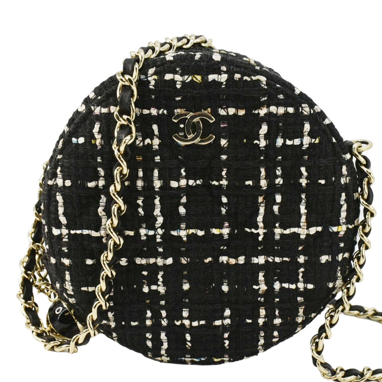 Chanel Round Quilted Tweed Clutch Crossbody Bag Black