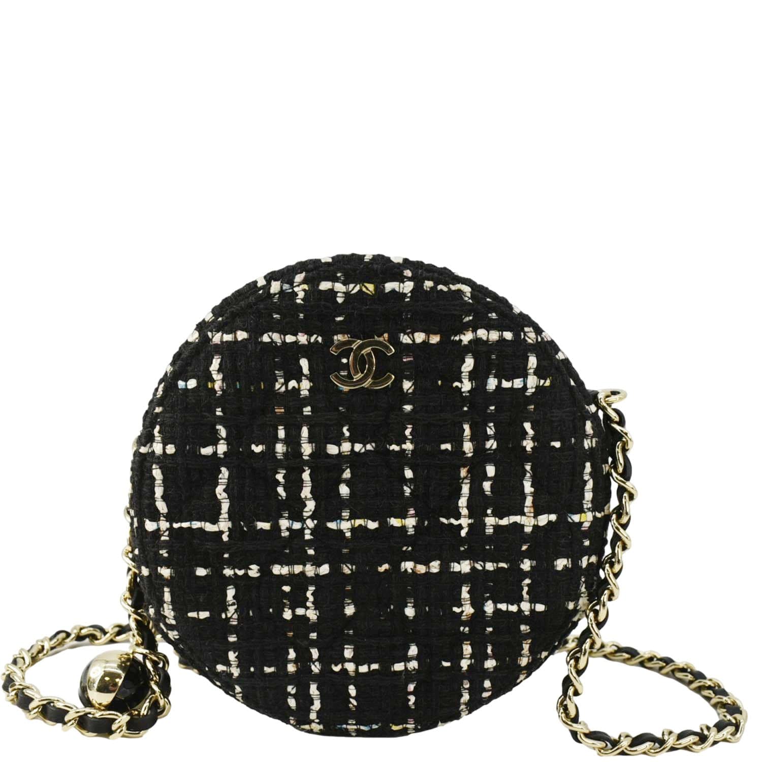 Chanel Round Quilted Tweed Clutch Crossbody Bag Black