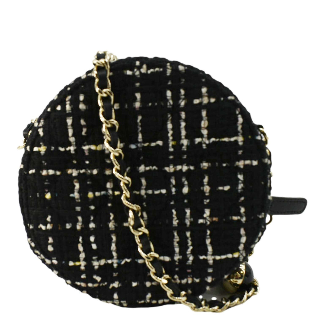 Chanel Round Quilted Tweed Clutch Crossbody Bag Black