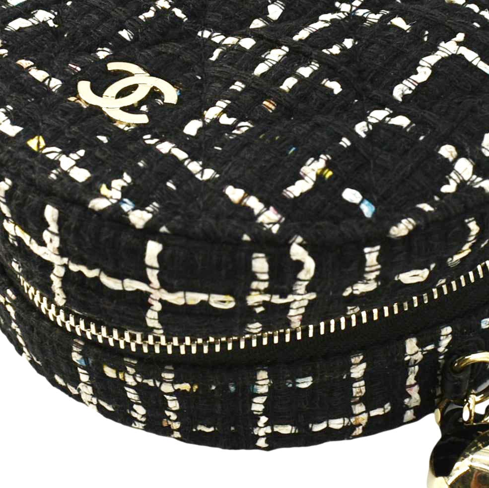 Chanel Round Quilted Tweed Clutch Crossbody Bag Black