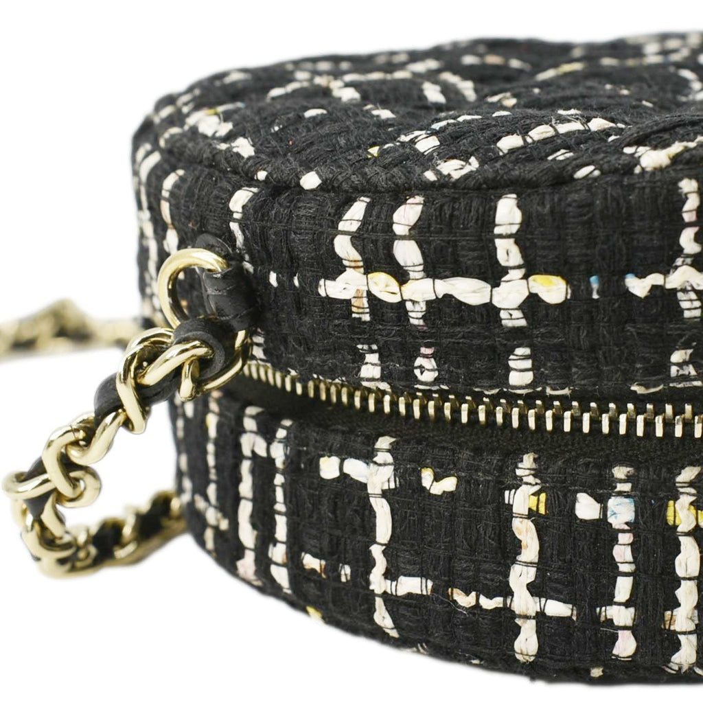 Chanel Round Quilted Tweed Clutch Crossbody Bag Black
