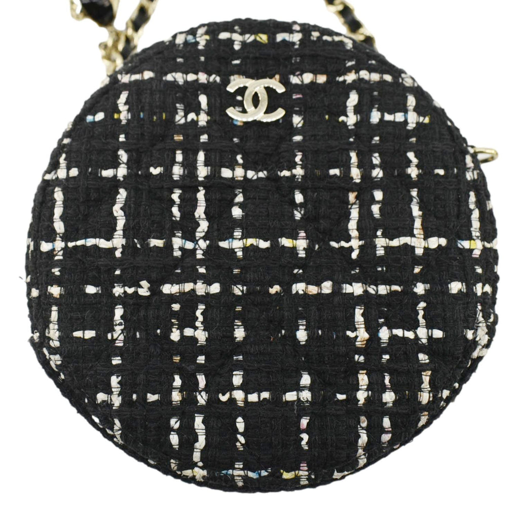 Chanel Round Quilted Tweed Clutch Crossbody Bag Black