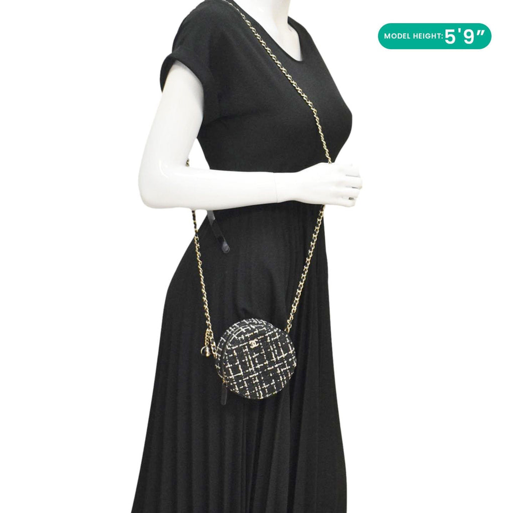 Chanel Round Quilted Tweed Clutch Crossbody Bag Black