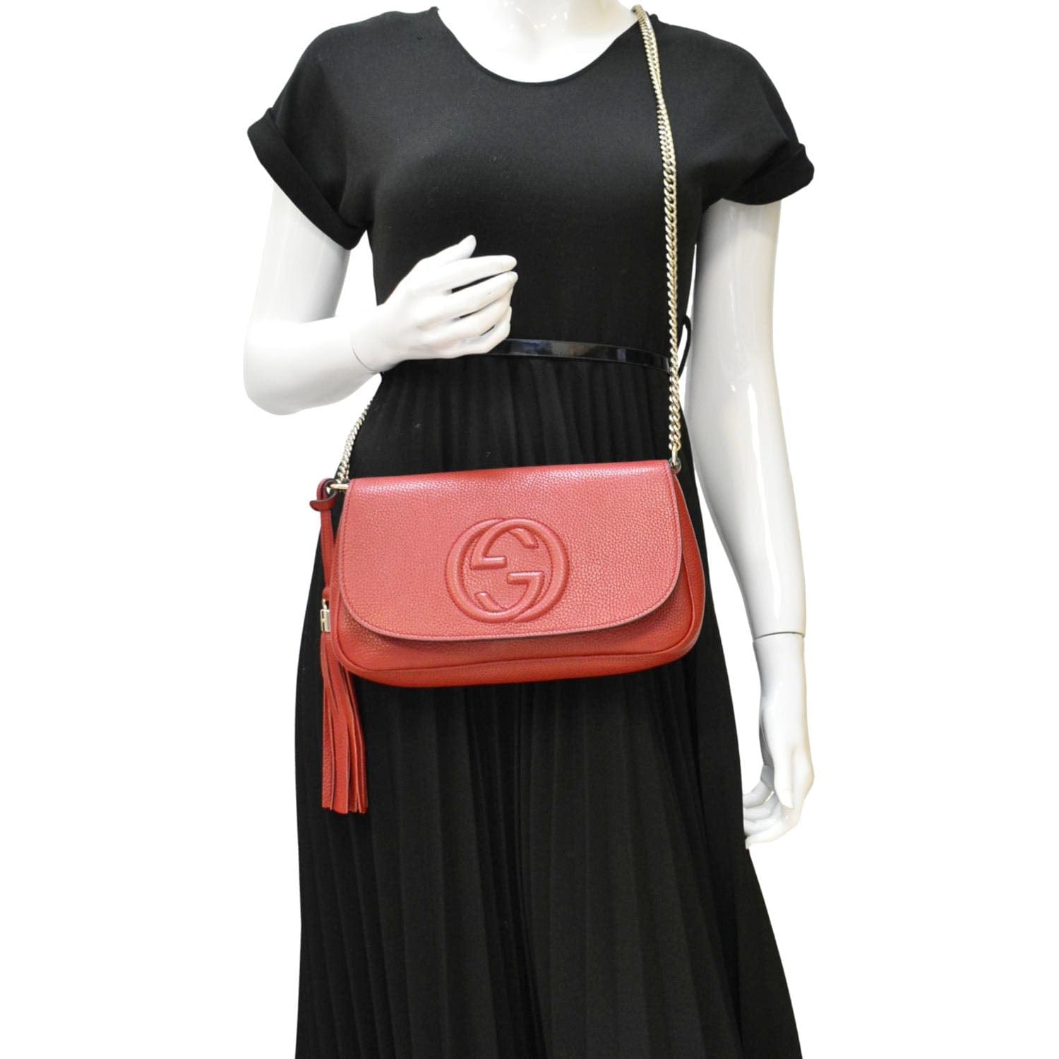 GUCCI Soho Gucci Flap Leather Chain Crossbody Bag Red 536224