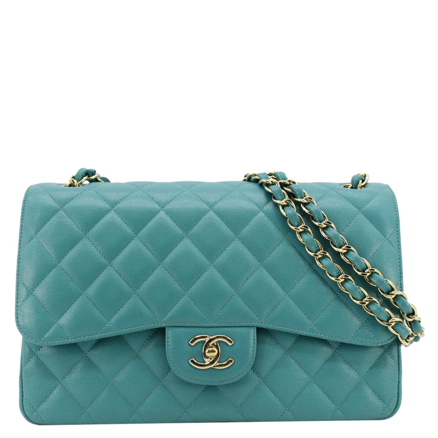 Chanel Classic Double Flap Jumbo Quilted Caviar Leather Shoulder Bag Turquoise
