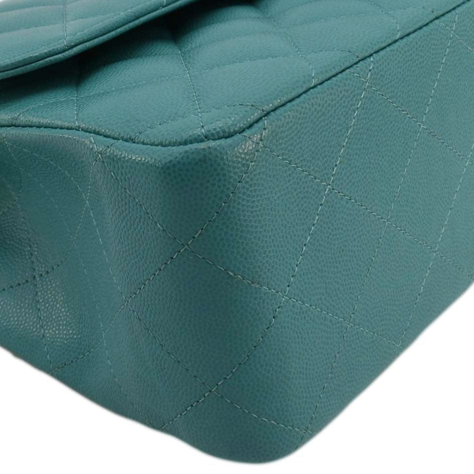Chanel Classic Double Flap Jumbo Quilted Caviar Leather Shoulder Bag Turquoise