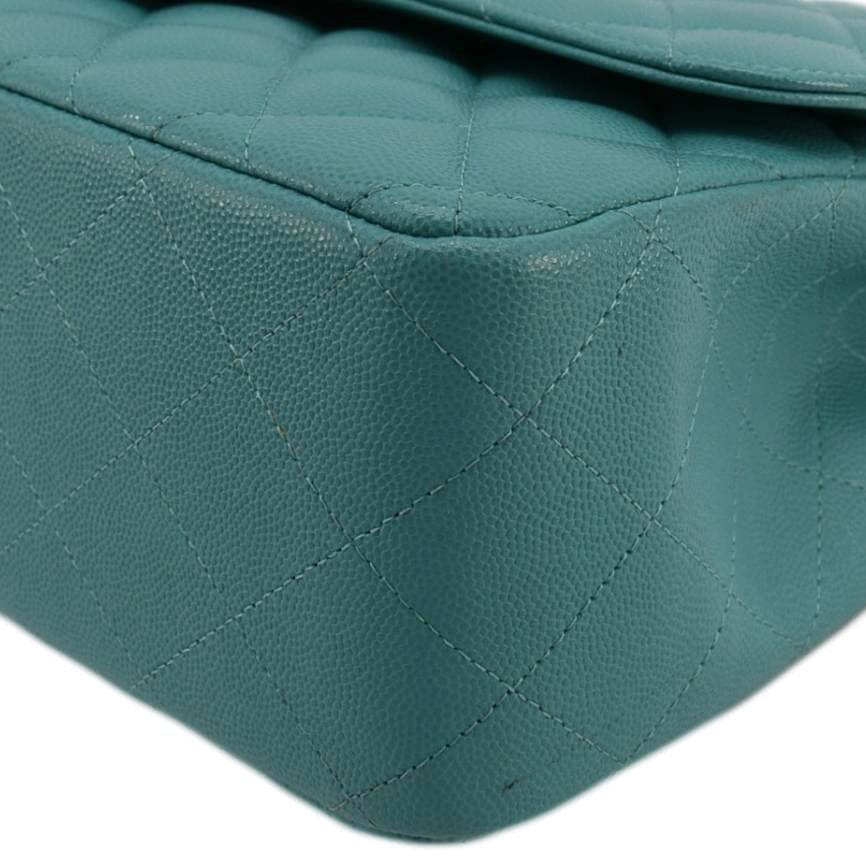 Chanel Classic Double Flap Jumbo Quilted Caviar Leather Shoulder Bag Turquoise