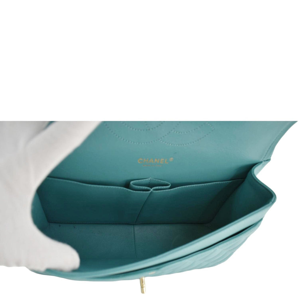 Chanel Classic Double Flap Jumbo Quilted Caviar Leather Shoulder Bag Turquoise