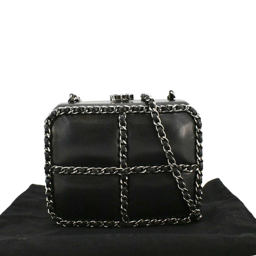 Chanel Minaudiere Lambskin Leather Chain Clutch Crossbody Black