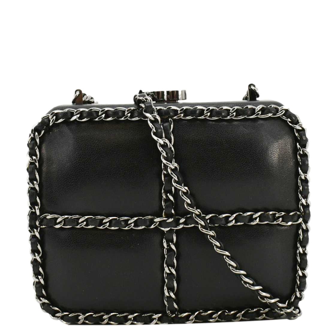 Chanel Minaudiere Lambskin Leather Chain Clutch Crossbody Black