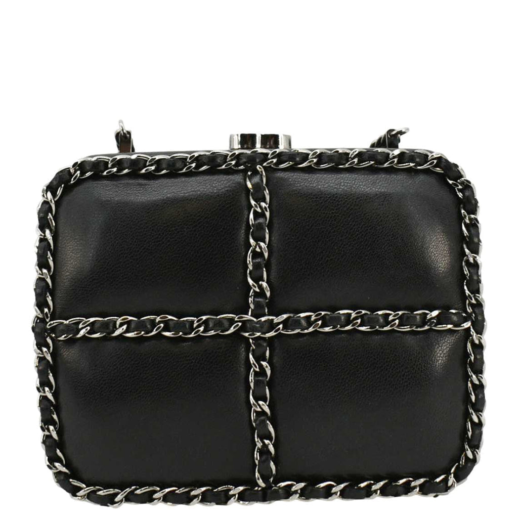 Chanel Minaudiere Lambskin Leather Chain Clutch Crossbody Black