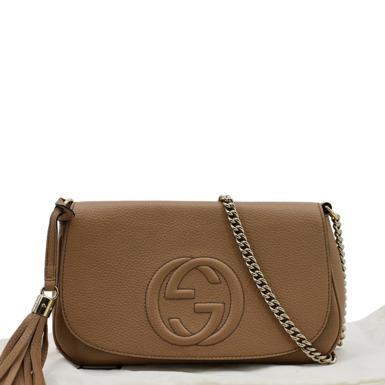 GUCCI Soho Gucci Flap Leather Chain Crossbody Bag Rose Beige 536224