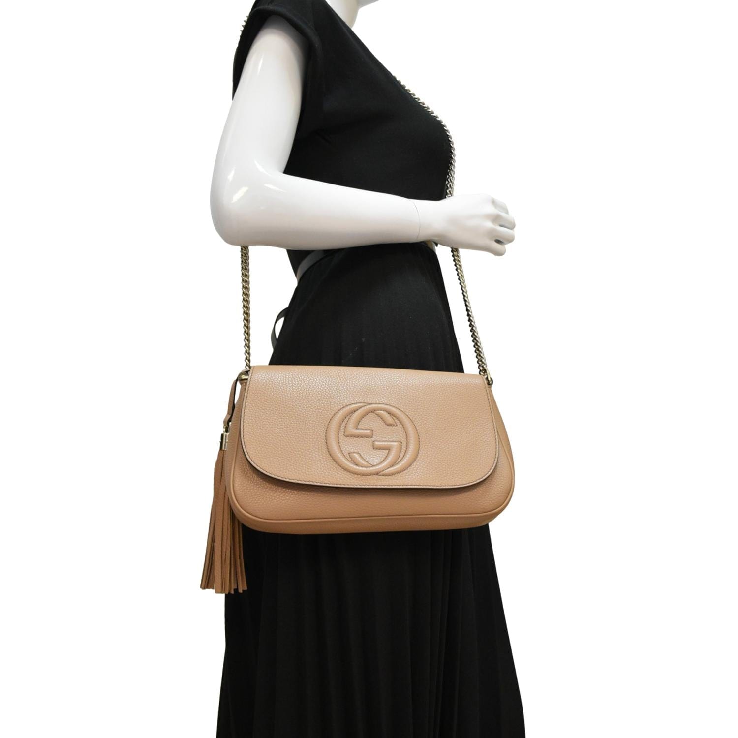 GUCCI Soho Gucci Flap Leather Chain Crossbody Bag Rose Beige 536224