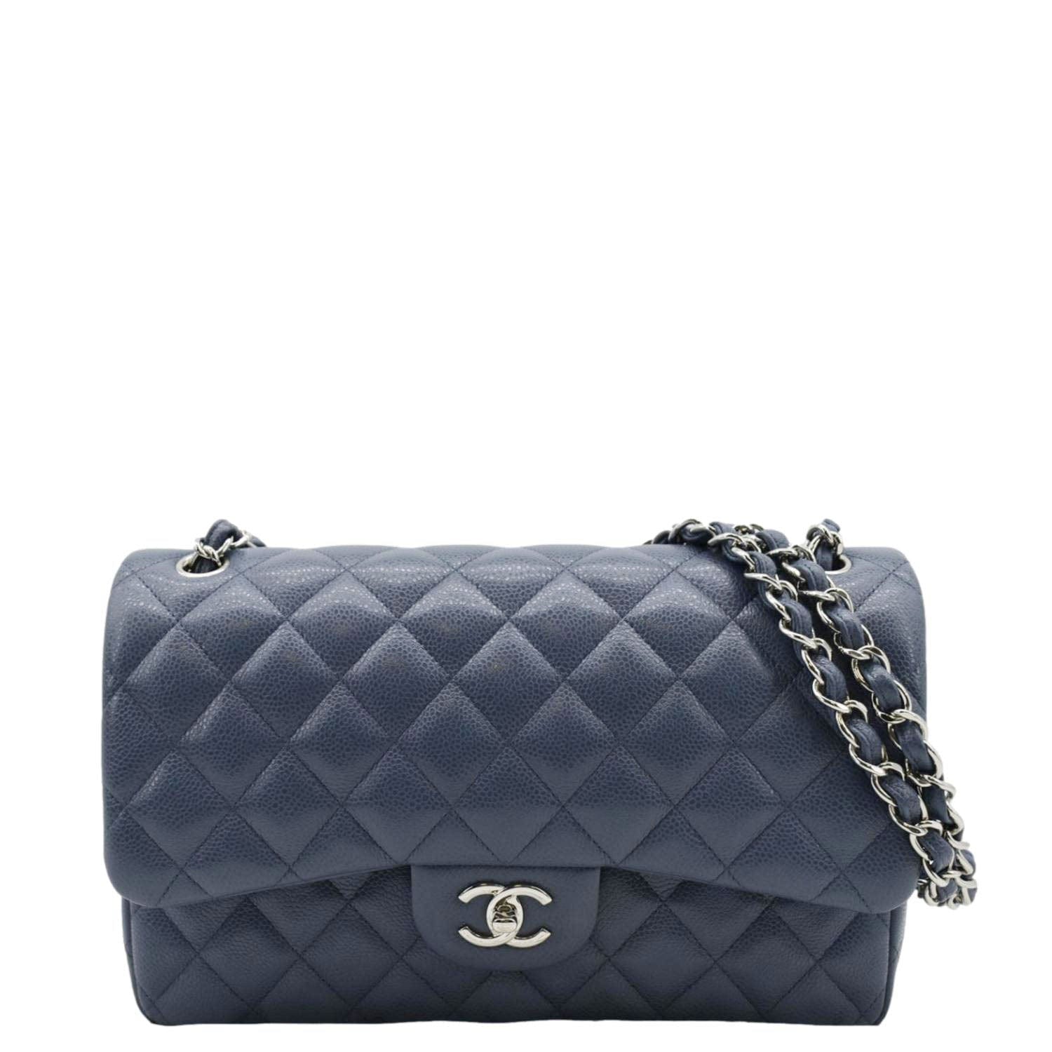 Chanel Classic Jumbo Double Flap Quilted Caviar Leather Shoulder Bag Blue