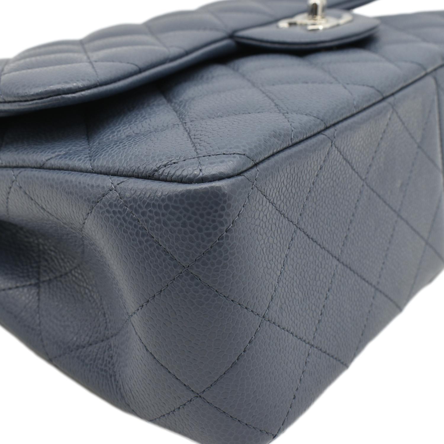 Chanel Classic Jumbo Double Flap Quilted Caviar Leather Shoulder Bag Blue